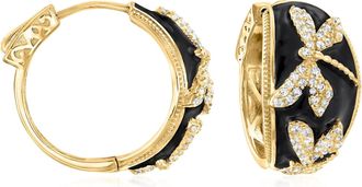 Ross-Simons White Topaz and Black Enamel Dragonfly Hoop Earrings in 18kt Gold Over Sterling