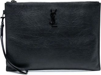 Saint Laurent Clutch Croc con monogramma goffrato e zip 2022 - Nero