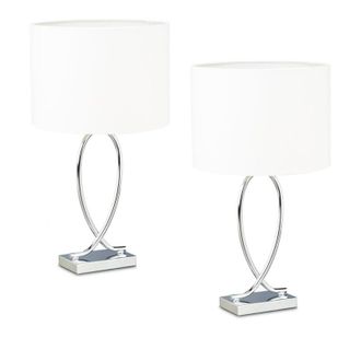 Relaxdays Lampada da Tavolo, Set 2 Abat Jour in Tessuto e Ferro, E27, 51x28x18 cm, Luce Comodino Camera, Argento Bianco - Relaxdays
