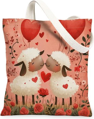 Generic Valentines Day Zebra Canvas Tote Bag for Shopping 13x15, Kid Fun Cute Animal Couple Reusable Grocery Print Bag for Women, Lover Beach Aesthetic Painti