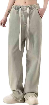 Generic Wide Leg Jeans for Women UK Elasticated High Waisted Denim Trouser Drawstring Jeans Stretchy Baggy Straight Leg Jean Pants Ladies Classic Washed Denim