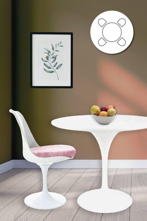 Fusion Living Tulip Set - White Medium Circular Table & Four Chairs with Luxurious Cushion in Light Pink