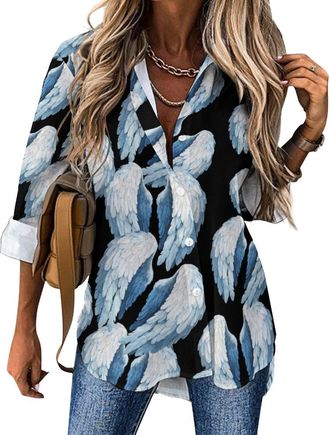Generic Angel Wings Womens Button Down Shirt Long Sleeve Oversized T Shirts Soft Irregular Hem Blouse