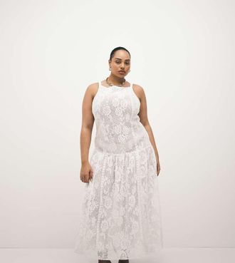 Asos Curve ASOS DESIGN Curve - Vestito midi in pizzo color avorio con scollo a barchetta-Bianco