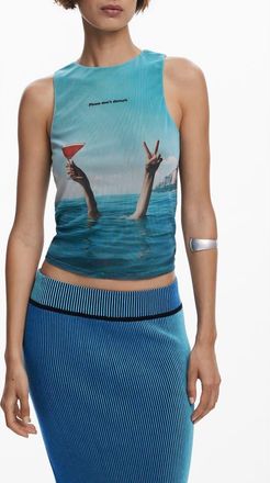 Desigual Crop Mesh Tank Top in Sea at Nordstrom, Size X-Large