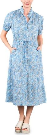 BILLY T Tie Waist Tiered Chambray Midi Dress in Cool Bloom at Nordstrom, Size X-Large
