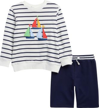 Little Me Nautical Stripe Long Sleeve Shirt & Shorts Set in Navy at Nordstrom, Size 2T