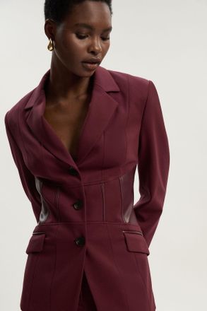 Karen Millen Womens Ponte And Pu Mix Waist Seam Detail Tailored Single Breasted Blazer - Burgundy Viscose - Size 12 UK