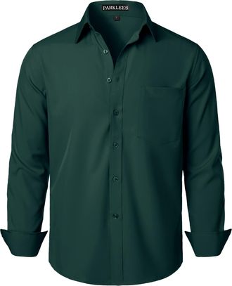 PARKLEES Mens Regular Fit Dress Shirt Solid Wrinkle-Free Long Sleeve Casual Business Button Up Shirts with Pocket ZSSCL05-Dark Green XXX-Large