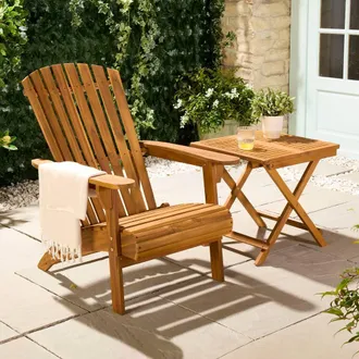 VonHaus Hudson Acacia Wooden Adirondack Garden Chair & Side Table in Brown