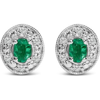 House of Brilliance 14K White Gold Oval Green Emerald and 1/10 Ct Diamond Halo Stud Earrings at Nordstrom
