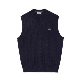 Lacoste Sleeveless Knitwear, male, Blue, Size: XL Blue Cable-Knit Sweatshirt