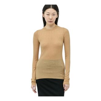 Sportmax Geribbelde Wollen Crewneck Sweater - Dames - Ronde hals truien - Beige - S - Wol - Truien & Vesten