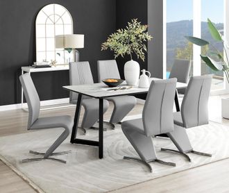 Furniturebox Carson White Marble Effect Dining Table & 6 Willow Chairs in Grey