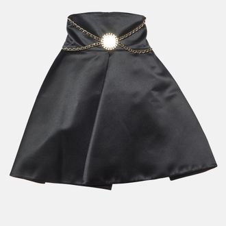 Elisabetta Franchi Black Satin Chain Detail Pleated Mini Skirt