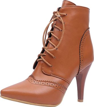 Generic Womens Leather Ankle Boots with Thin Heel and Pointed Toe Lace-up Ankle Boots Outdoor Wear High Heels