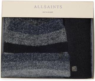 AllSaints Marl Stripe Scarf & Hat Set in Blue Multi at Nordstrom Rack