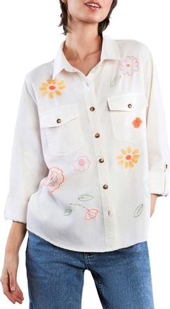 BILLY T Happy Meadow Embroidered Denim Graphic Button-Up Shirt in Cloud at Nordstrom, Size X-Small