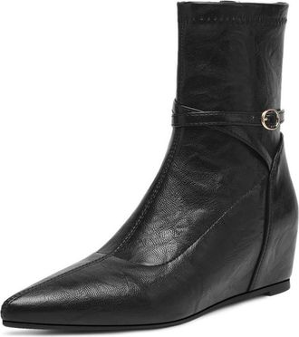 Generic Womens Pointed Toe Wedge Heel Ankle Boots PU Leather Buckle Strap Zip Up Soft Lining Cushioned Insole Comfortable Non Slip Durable Daily Casual Office