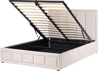 Beliani Ottoman Bed Beige Chenille Upholstery EU Double Size 4ft6 Headboard Lift-Up Slatted Base Quilted Design Minimalist QUIBERON