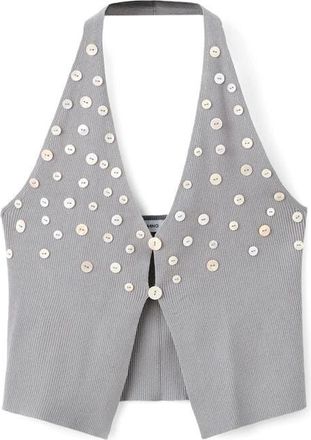 Mango Button Embellished Plunge Neck Halter Tank in Medium Heather Grey at Nordstrom, Size Small