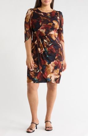 Connected Floral Print Cape Sleeve Minidress in Spice at Nordstrom, Size 20W