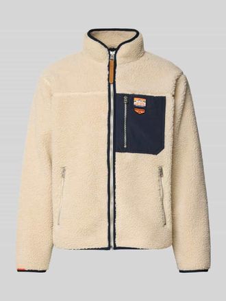 Superdry Fleecejacke mit Stehkragen und Rei&szlig;verschlusstaschen in Beige, Gr&ouml;&szlig;e XXL