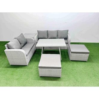 Fimous Outdoor pe Rattan Garden Furniture Set Rectangular Dining Table Sofa Set with 2 Big Stool Side Table Light Grey - Fimous