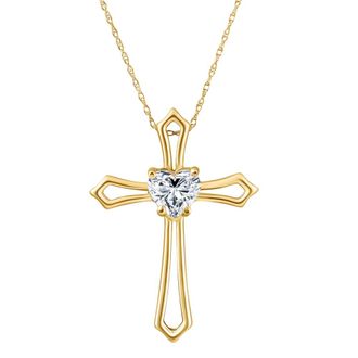 Pompeii3 1Ct Cross Solitaire Heart Shape Diamond Necklace Gold Womens Necklace 1 Tall