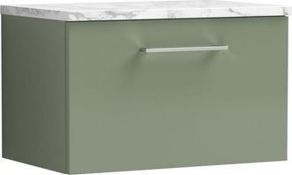 Nuie Arno Wall Hung 1-Drawer Vanity Unit with Carrera Marble Worktop 600mm Wide - Satin Green - Nuie