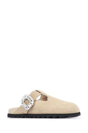Roger Vivier Womens Slidy Viv Closed T-Strap Mule Beige Scuro Leather - Sole: Rubber Slippers / Flat Shoes