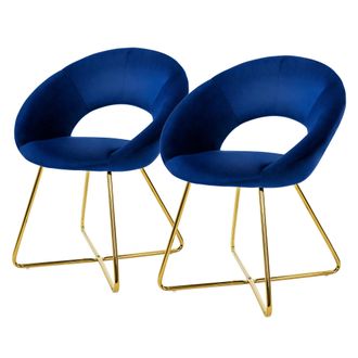 ML Design Ml-design 2x Sillas De Comedor Azul Ergon&oacute;micas Asiento Tapizado Aspecto Terciopelo Patas De Metal Doradas Con Respaldo Redondo Y Reposabrazos Sill&oacute;n 