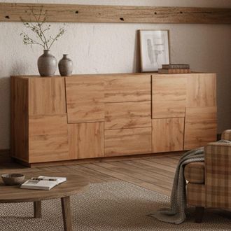 Dmora Dmora - Aparador Yoel, Buffet De Sal&oacute;n, Aparador De Sal&oacute;n Con 4 Puertas Y 3 Cajones, 220x44h86 Cm, Roble
