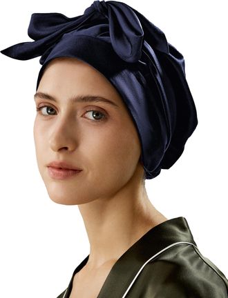 LilySilk 100% 22MM Pure Mulberry Silk Sleep Cap Womens Natural Silk Bonnet for Sleeping and Hair Care Night Hair Wrap with Long Elastic Band for Stay On, Navy 
