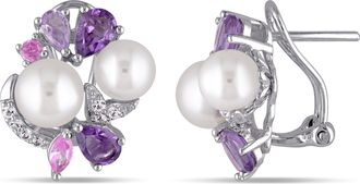 Mimi & Max Amethyst, Rose de France, Created Pink and Created White Sapphire and White Cultured Freshwater Pearl Cluster Earrings