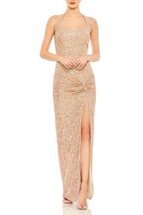 Mac Duggal Square Sequin Halter Strap With Low Side Knot Detail Evening Gown in Rose Gold at Nordstrom, Size 10