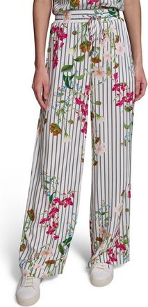Karl Lagerfeld Stripe Flower Print Wide Leg Pants in Soft White Midnight Navy Multi at Nordstrom, Size X-Small