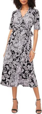 Chaus Print Faux Wrap Midi Dress in Black/white 010 at Nordstrom, Size X-Large