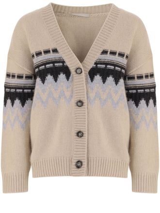 Allude Beige Geometric Pattern Cashmere Cardigan