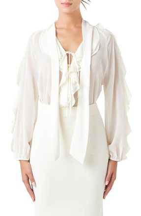 endless rose Sheer Chiffon Ruffle Shirt in Cream at Nordstrom, Size Medium