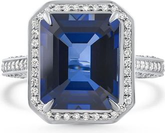 Pompeii3 17.45Ct Emerald Cut Blue Sapphire Diamond Ring 14k White Gold Lab Grown Size: 6.5