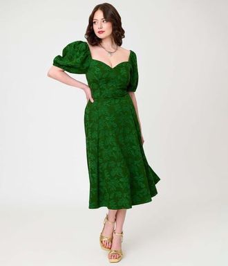 Unique Vintage Jacquard Sweetheart Swing Dress in Green Floral Print at Nordstrom, Size X-Large