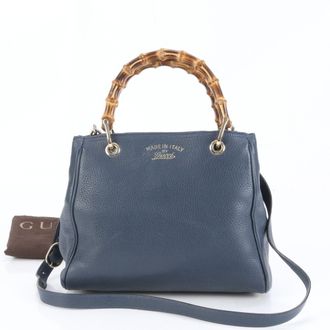 Gucci Bamboo Blue Leather Tote Bag (Pre-Owned)