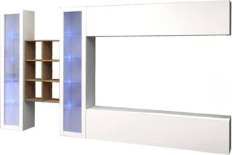 Dmora Parete attrezzata Alezio, Set salotto porta tv a 4 ante, Mobile soggiorno multiuso, 100% Made in Italy, cm 280x30h180, Bianco lucido e Acero - Dmora