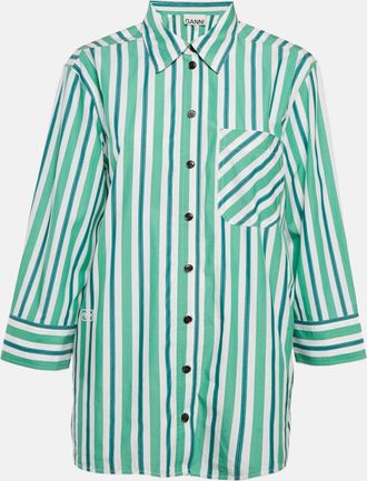 Ganni Ganni Green Striped Cotton Button Front Oversized Shirt