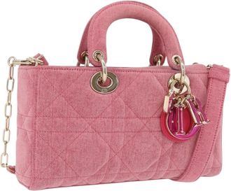 Dior Lady D-Joy Macrocannage Quilt Denim Pink Canvas Handbag (Pre-Owned)