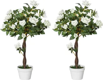 OUTSUNNY Juego De 2 Plantas Artificiales Rosas Artificiales Con 21 Flores Y Maceta De Cemento Plantas Sint&eacute;ticas Para Decoraci&oacute;n Hogar Verde Y Blanco