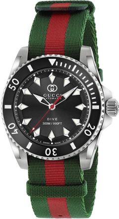 Gucci Ya 136364 - Dive 40 mm roestvrijstalen kast- zwarte wijzerplaat- keramische lunette- nato groen-rood-groene band- automatisch uurwerk - Dames - Horlog