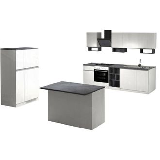 Dmora Dmora - Cucina completa Balme, Set con dispensa, Mobile per cucinotto, Kit blocco con isola e portafrigo, 100% Made in Italy, Bianco lucido e Ardesia