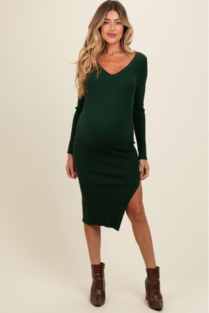 Pinkblush Ribbed Knit Side Slit Midi Dress in Forest Green at Nordstrom, Size Large